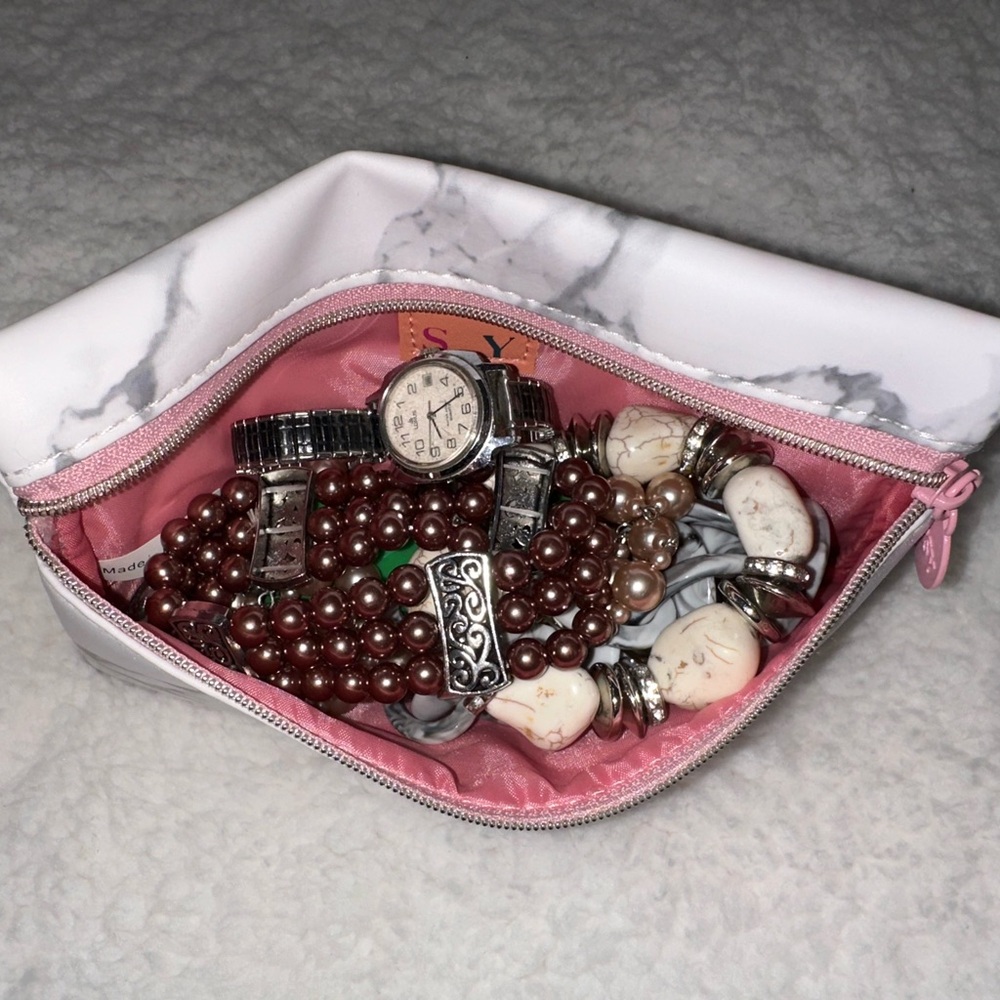 Pink and White Marble Pouch with Jewelry